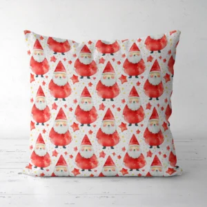Red watercolor Santa pillow facing forward on a white floor