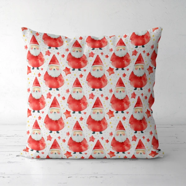 Red watercolor Santa pillow facing forward on a white floor