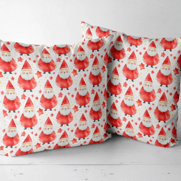 Two red watercolor Santa throw pillows, side by side