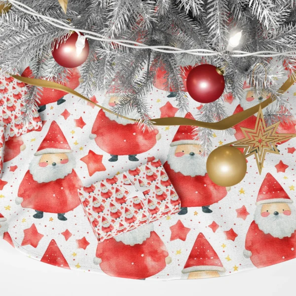 Close-up of a gnome-like Santa in a pointed dotted hat among red and yellow stars