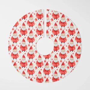 Red watercolor Santa tree skirt flat on white, seen from directly above