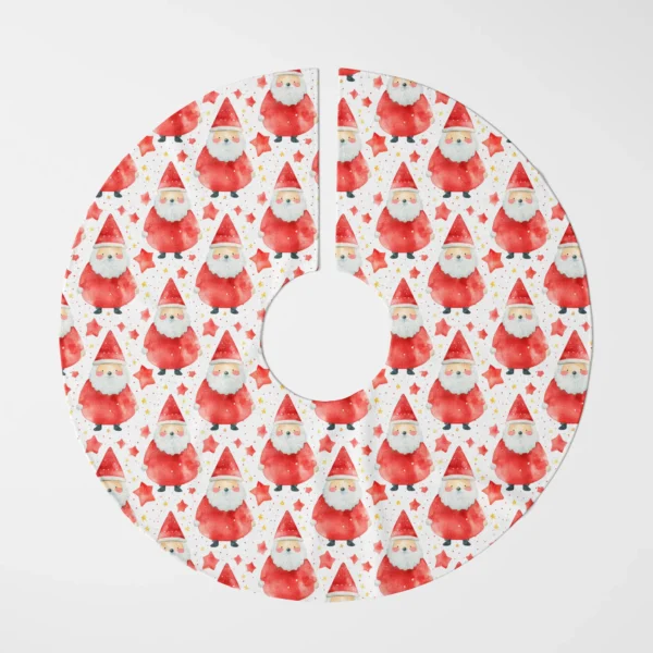 Red watercolor Santa tree skirt flat on white, seen from directly above