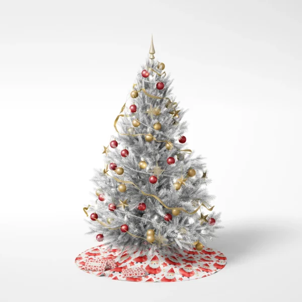 Trimmed tree on white sitting on the red star Santa skirt