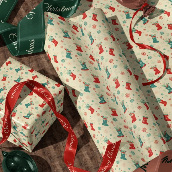 A sheet of cream Christmas stocking gift wrap and a wrapped box with satin ribbons on a wooden floor