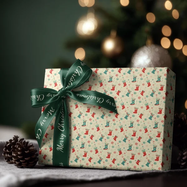 Box wrapped in cream Christmas stocking paper with a satin ribbon bow, Christmas tree lights behind