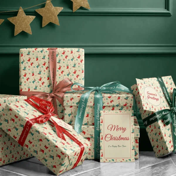 Stack of presents in cream Christmas stocking paper with ribbons and a Merry Christmas card by a dark green wall