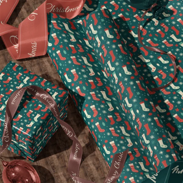 A sheet of teal Christmas stocking gift wrap and a wrapped box with satin ribbons on a wooden floor