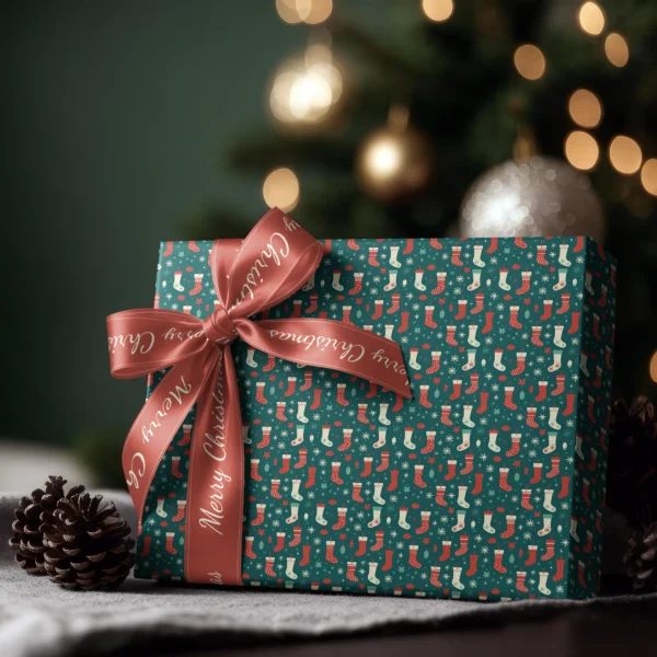 Box wrapped in teal Christmas stocking paper with a satin ribbon bow, Christmas tree lights behind