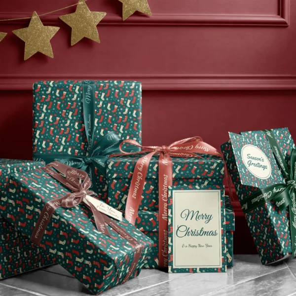 Stack of presents in teal Christmas stocking paper with ribbons and a Merry Christmas card by a burgundy wall