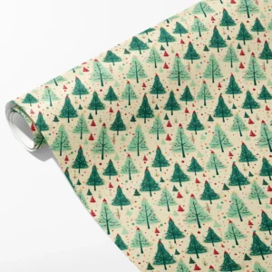 Roll of cream wrapping paper with retro dark green and mint Christmas trees and red dots, partly unrolled on white