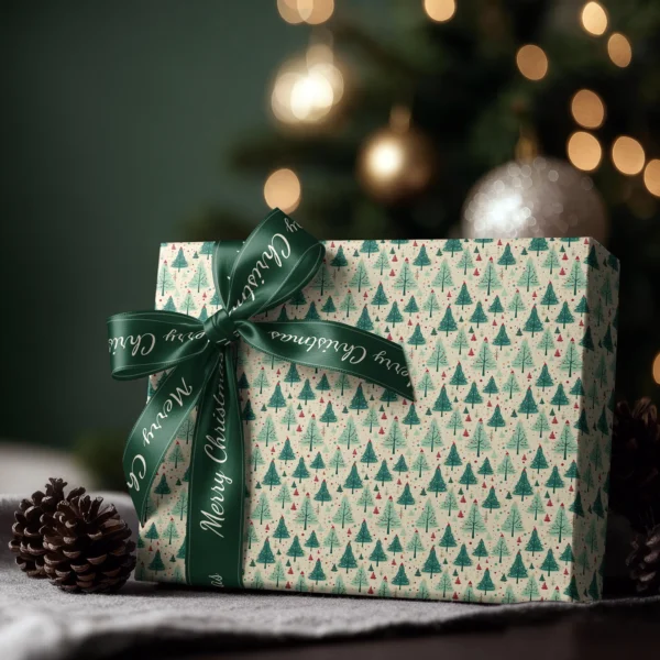 Box wrapped in cream retro green tree paper with a satin ribbon bow, Christmas tree lights behind