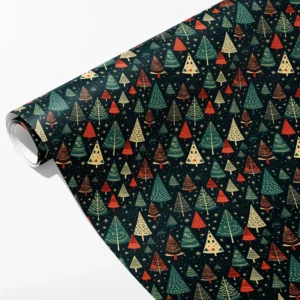 Roll of navy wrapping paper with teal, red, cream and gold-toned Christmas trees under tiny stars, partly unrolled on white