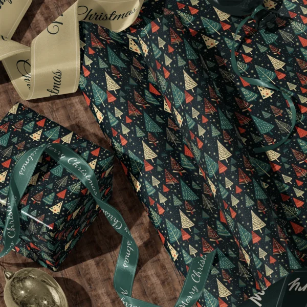 A sheet of starry navy tree gift wrap and a wrapped box with satin ribbons on a wooden floor