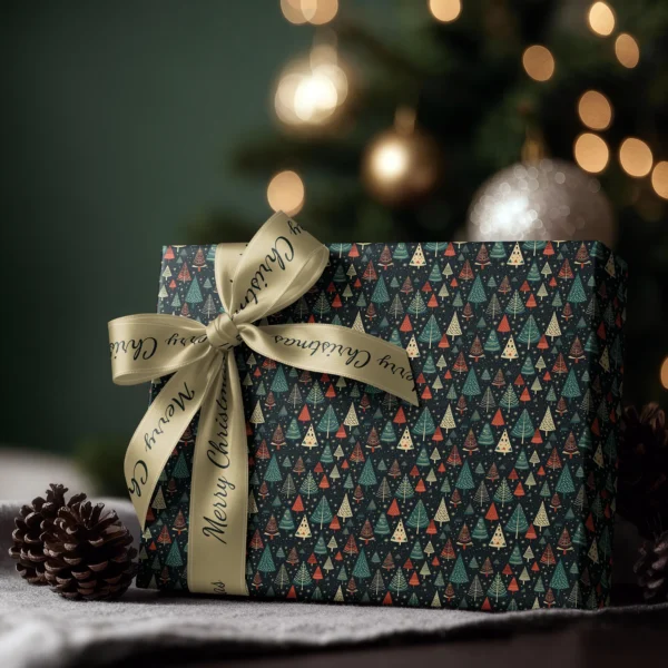 Box wrapped in starry navy tree paper with a satin ribbon bow, Christmas tree lights behind