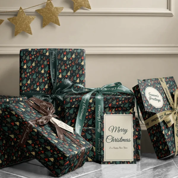 Stack of presents in starry navy tree paper with ribbons and a Merry Christmas card by a beige wall