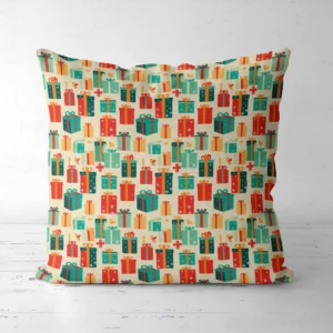 Retro present Christmas pillow standing on a white floor, front view