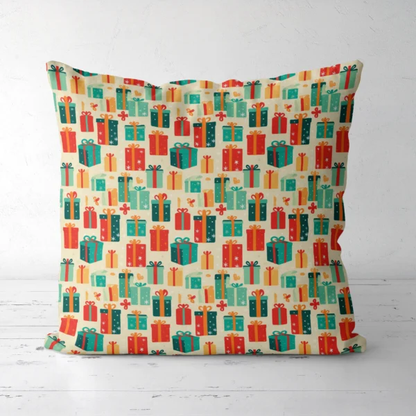 Retro present Christmas pillow standing on a white floor, front view
