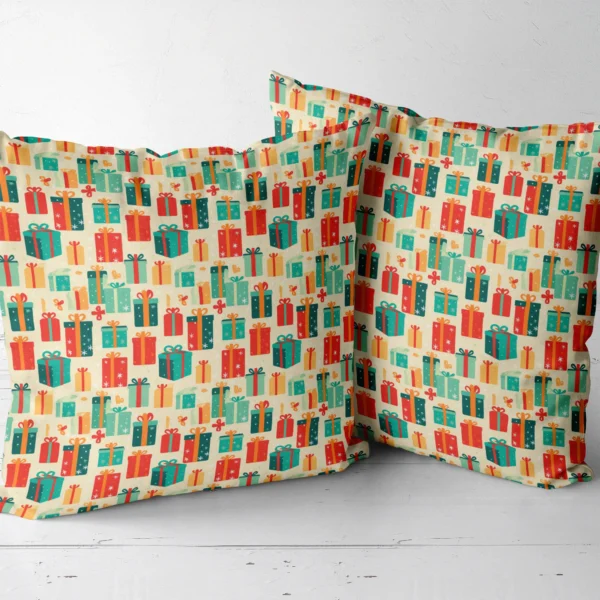 Two retro present throw pillows side by side