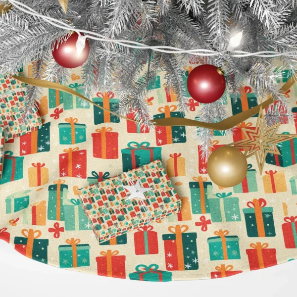 Close-up of the print: tall red parcel with orange ribbon beside a teal box with a looped bow