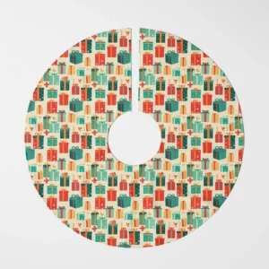 Retro present tree skirt laid flat, top view on white, teal, red and mustard gift boxes on cream
