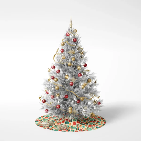 Decorated tree on a white backdrop standing on the retro present skirt