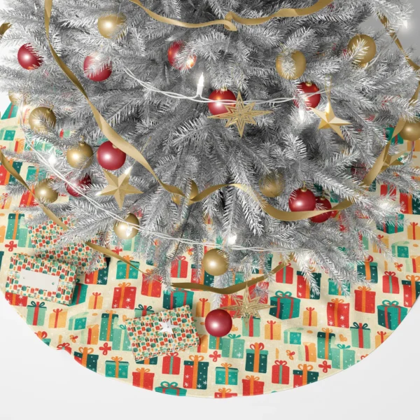 Retro present skirt under a lit Christmas tree with real wrapped gifts around it