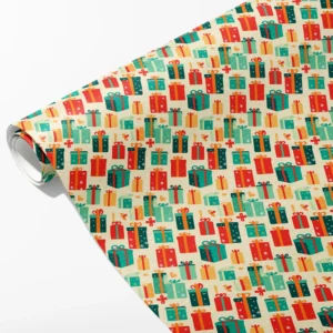 Roll of cream wrapping paper with retro gift boxes and bows in red, teal, mint and mustard, partly unrolled on white