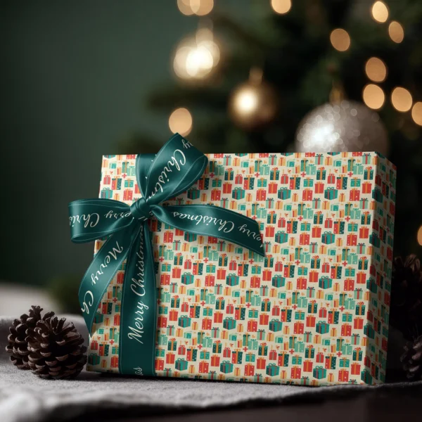 Box wrapped in retro present paper with a satin ribbon bow, Christmas tree lights behind