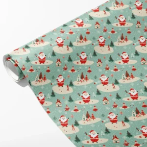 Roll of mint green wrapping paper with round retro Santas, small cottages and fir trees on snow, partly unrolled on white