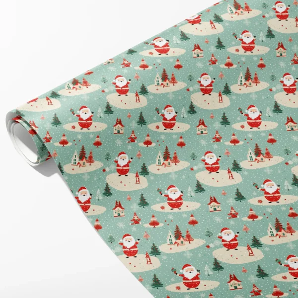 Roll of mint green wrapping paper with round retro Santas, small cottages and fir trees on snow, partly unrolled on white