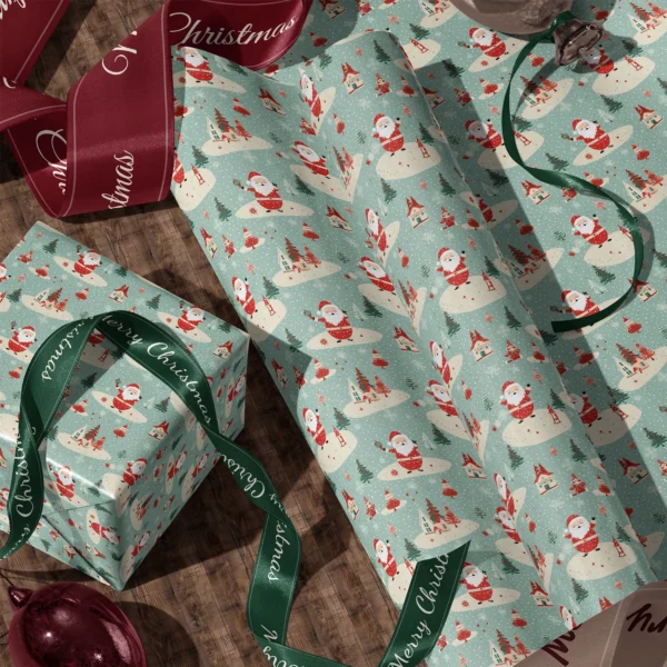 A sheet of mint retro Santa gift wrap and a wrapped box with satin ribbons on a wooden floor