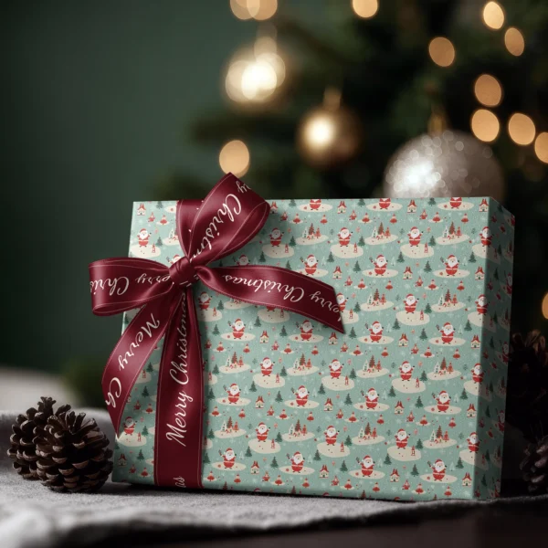 Box wrapped in mint retro Santa paper with a satin ribbon bow, Christmas tree lights behind