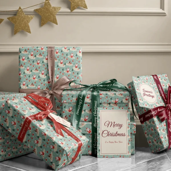 Stack of presents in mint retro Santa paper with ribbons and a Merry Christmas card by a beige wall