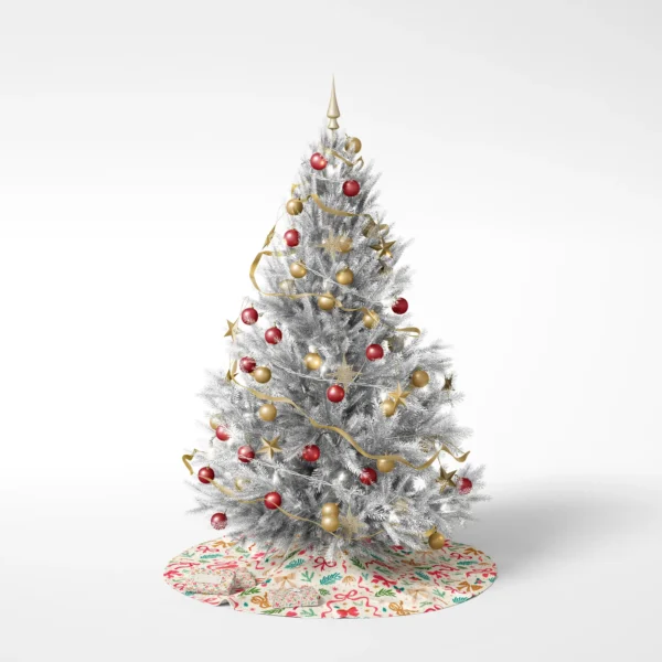 Decorated Christmas tree on a white background standing on the bow and greenery skirt