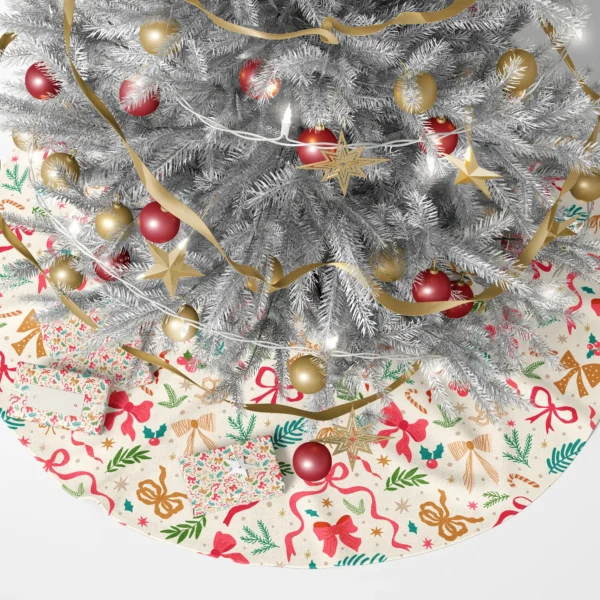 Cream bow tree skirt under a lit Christmas tree surrounded by wrapped gifts