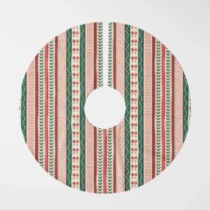 Ribbon stripe tree skirt flat top view, bands of bows, holly, dots and green ribbon