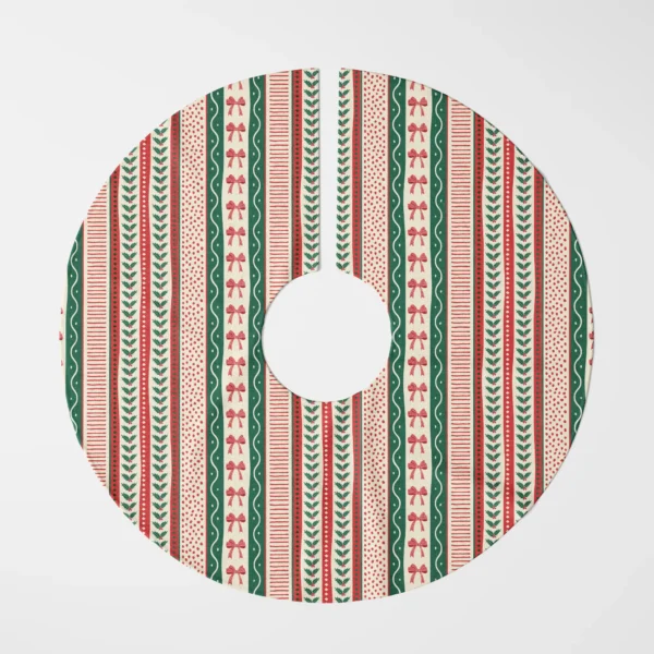 Ribbon stripe tree skirt flat top view, bands of bows, holly, dots and green ribbon
