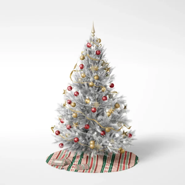 Decorated tree on a white background standing on the red and green ribbon stripe skirt