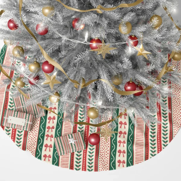 Folk ribbon stripe tree skirt under a lit Christmas tree with wrapped presents