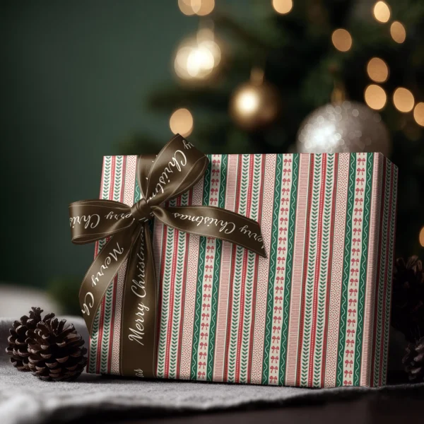 Box wrapped in ribbon stripe paper with a satin ribbon bow, Christmas tree lights behind