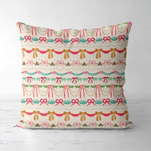 Ribbon swag Christmas pillow, front view, standing on a white floor