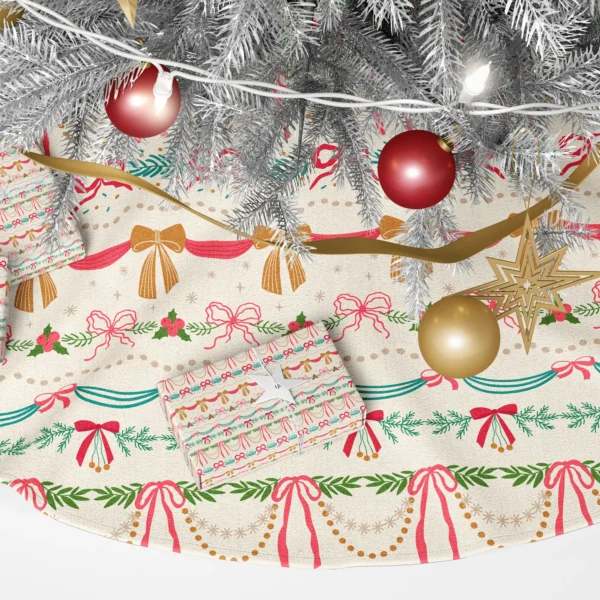 Close-up of bands of pink bows, gold bows on bunting and teal drapes on cream
