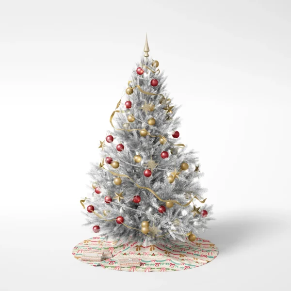 Christmas tree on a white background standing on the ribbon swag skirt