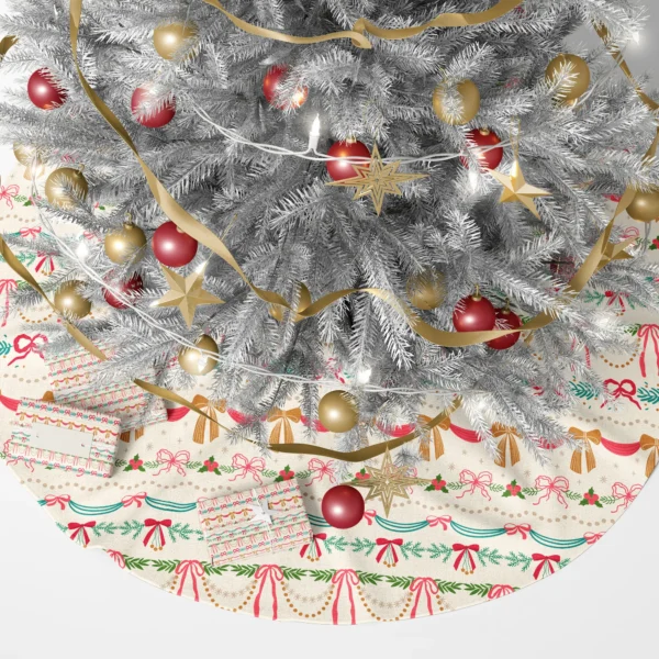 Ribbon swag tree skirt below a lit tree with wrapped gifts