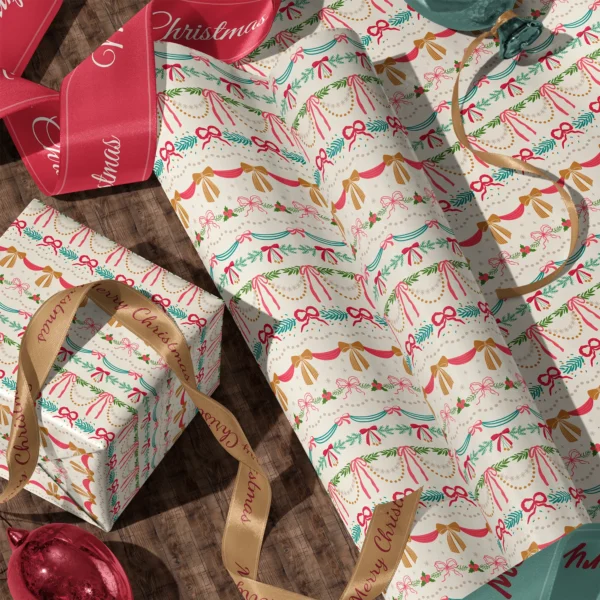 Rolls of ribbon swag gift wrap and a wrapped box with satin ribbons on a wooden floor