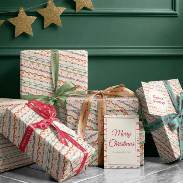 Stack of presents in ribbon swag paper with ribbons and a Merry Christmas card by a dark green wall