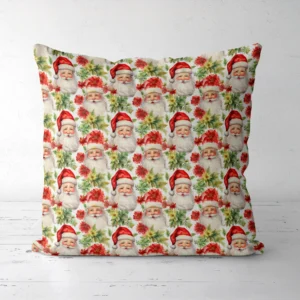 Santa and poinsettia pillow, front facing, on a white floor
