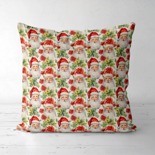 Santa and poinsettia pillow, front facing, on a white floor