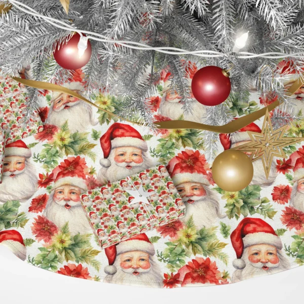Detail of a Santa face crowned with red poinsettias next to a capped Santa