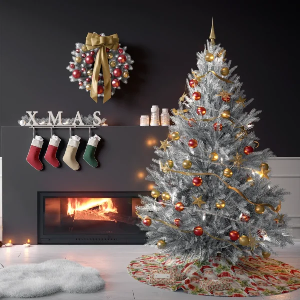Poinsettia Santa skirt under a tree in a living room with charcoal walls